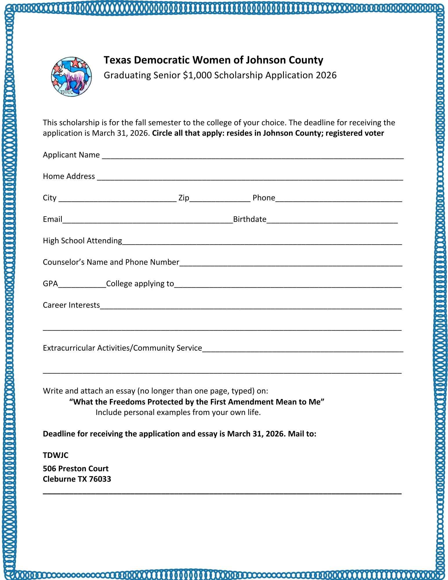 2026 TDWJC Scholarship application